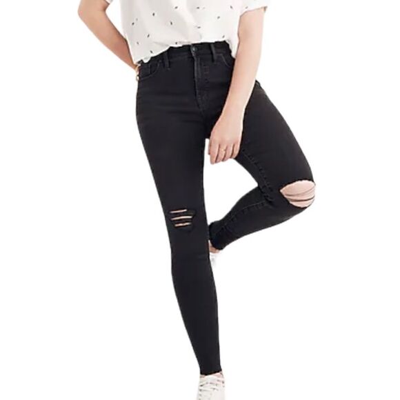 Madewell Black High-Rise Distressed Raw Hem Skinny Jeans Size 29T - Picture 2 of 9
